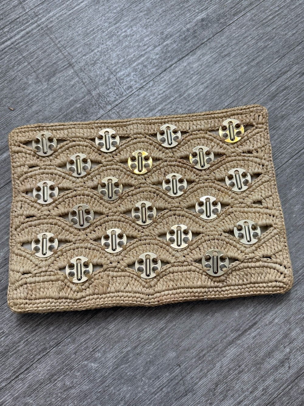 Rabanne Raffia Logo Disc Clutch Wristlet Beige Gold Leather Designer Bag
